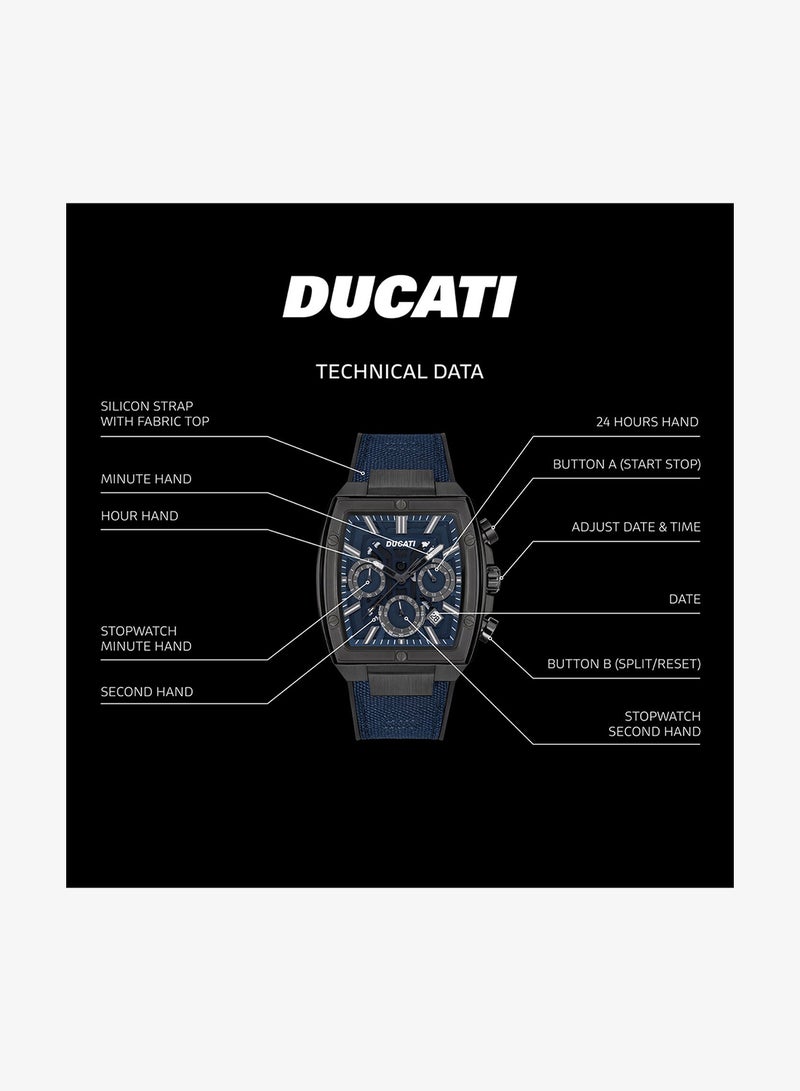 Ducati DT005 Men's 40mm Chronograph Watch with Blue Dial, Gun Accents & Leather Silicone Strap - Image 4