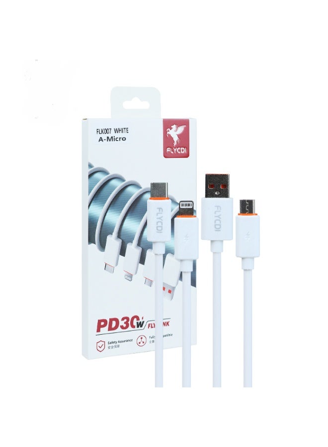 FLYCDI PD30W USB-A to Type-C Cable, White, Fast Charging Compatible with iPhone, 480Mbps Data Transfer, - Image 1