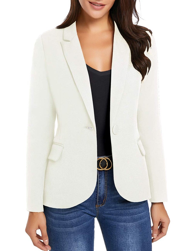 luvamia Women's Notched Lapel Neck Long Sleeves One Button Pockets Blazer Jacket Wear to Work Suit New White Size XL - Image 5
