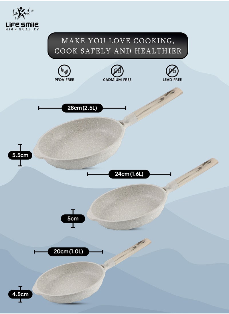 Life Smile - Fry Pan Set - Multi Layer Granite Fry Pan - Include 20 CM, 24 CM, 28 CM Non Stick Pan - Heat-Resistant Handle Hanging Loop - Induction bottom (Light Grey) - Image 1