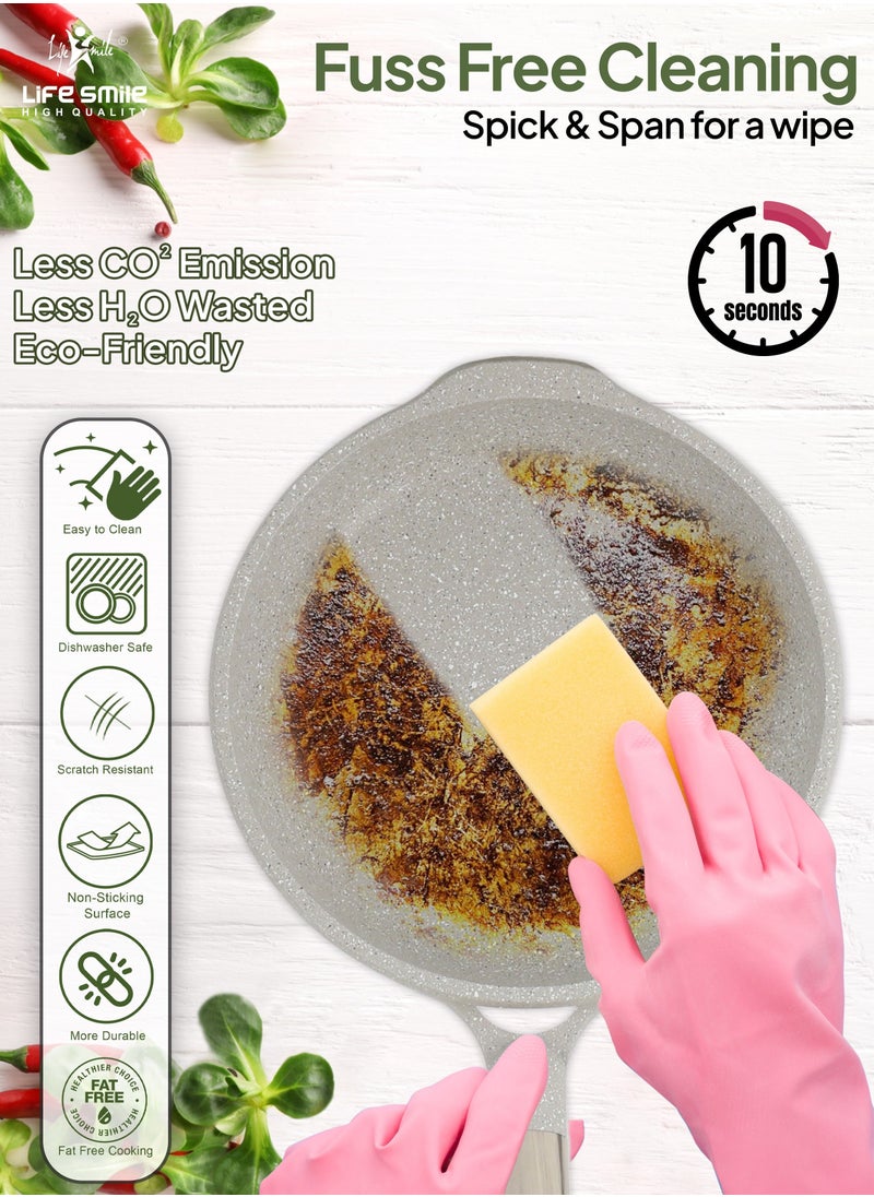 Life Smile - Fry Pan Set - Multi Layer Granite Fry Pan - Include 20 CM, 24 CM, 28 CM Non Stick Pan - Heat-Resistant Handle Hanging Loop - Induction bottom (Light Grey) - Image 1
