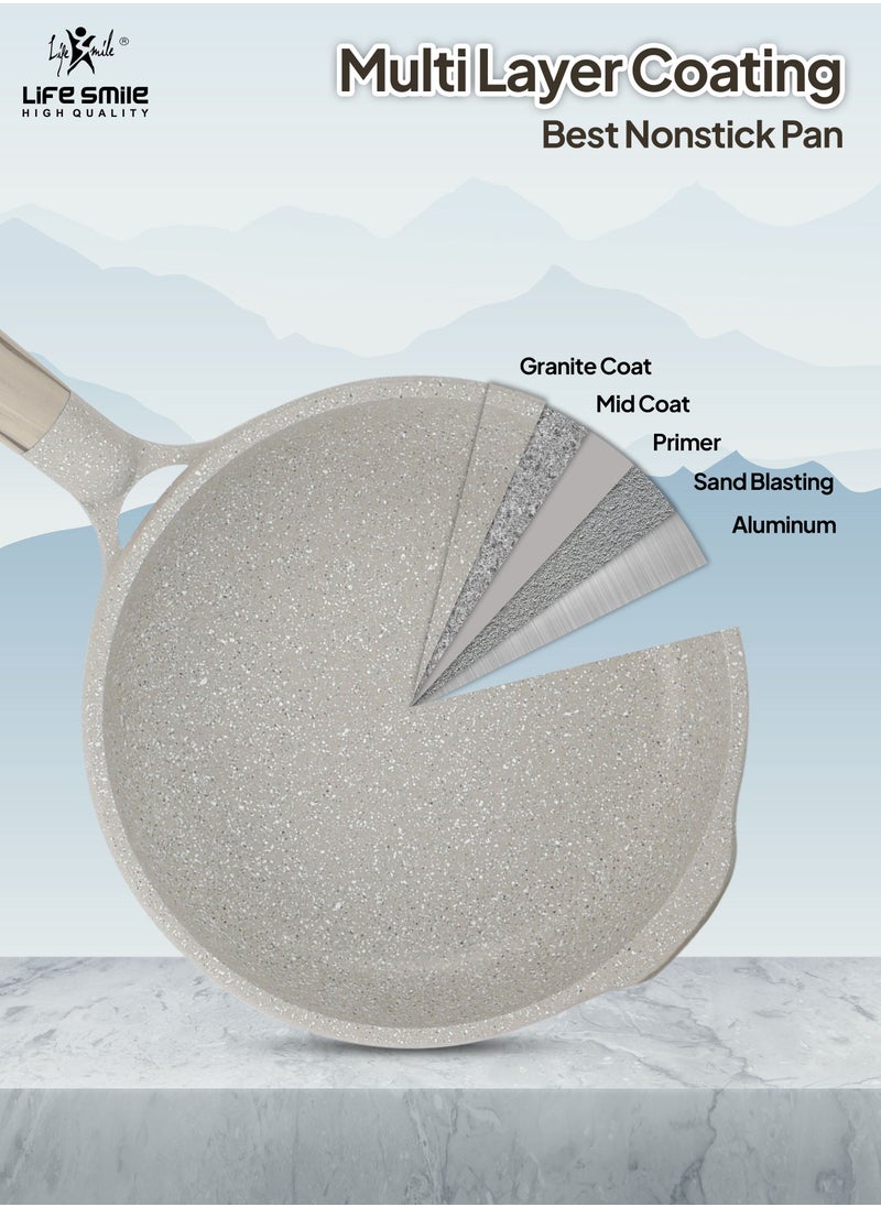 Life Smile - Fry Pan Set - Multi Layer Granite Fry Pan - Include 20 CM, 24 CM, 28 CM Non Stick Pan - Heat-Resistant Handle Hanging Loop - Induction bottom (Light Grey) - Image 1