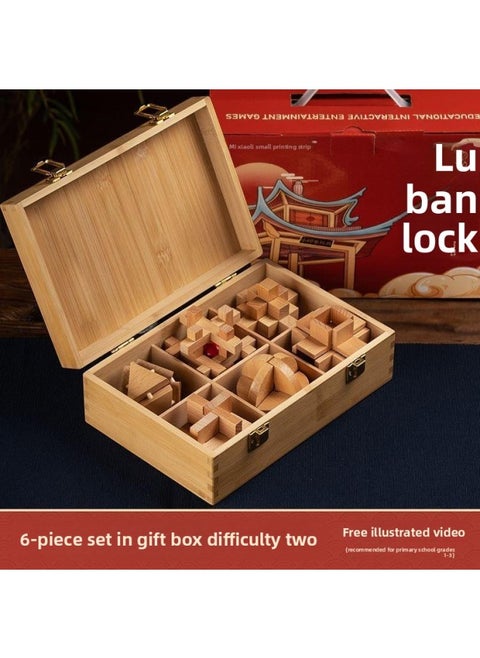 Luban Lock Kongming Lock Beech Wood Unlock Unleash Unleash Children's Educational Assembled Building Blocks Toys For Boys And Elementary School Students Cheap-Color:[high-end Wooden Box] 6-piece Set B (grades 1-3)
