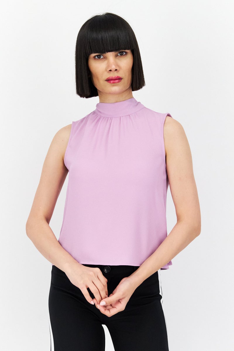 1 State Women Mock Neck Sleeveless Plain Tank Top, Light Purple - Image 1