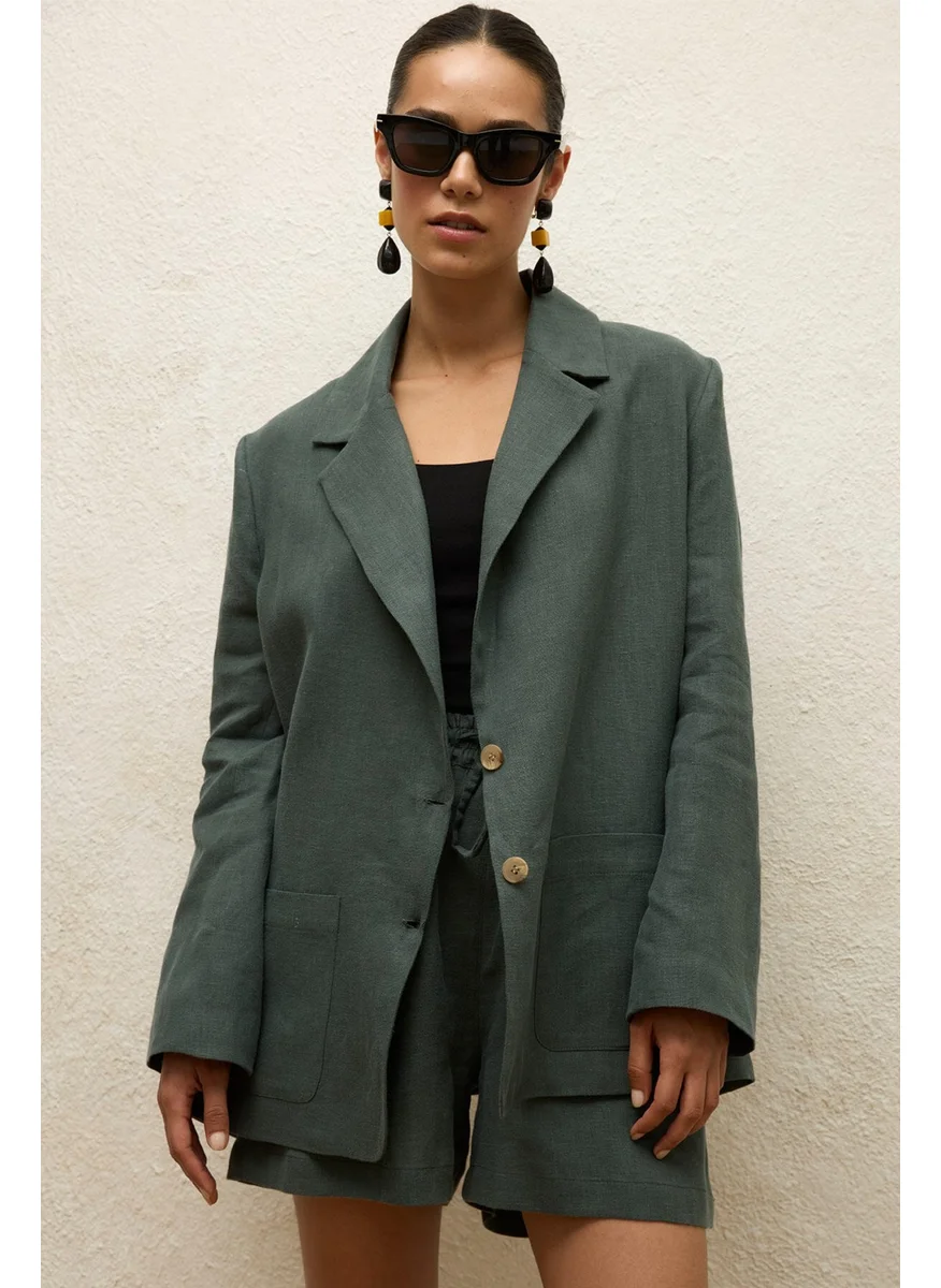 مانوكا Linen Oversize Blazer Jacket Green