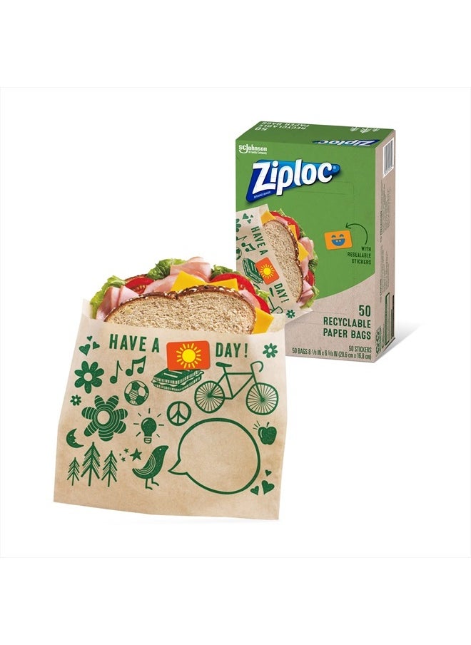 Ziploc Paper Sandwich and Snack Bags, Recyclable & Sealable with Fun Designs, 50 Count  - Image 1