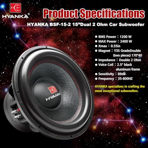 H YANKA BSF-15-2 15 Inch Subwoofer - 2400W MAX Power 15 Inch Paper Cone Subwoofer Car Audio, Black Aluminum Basket, 2.5“ Dual Voice Coil 2 Ohm Impedance 15 Subwoofer for Cars - Image 4