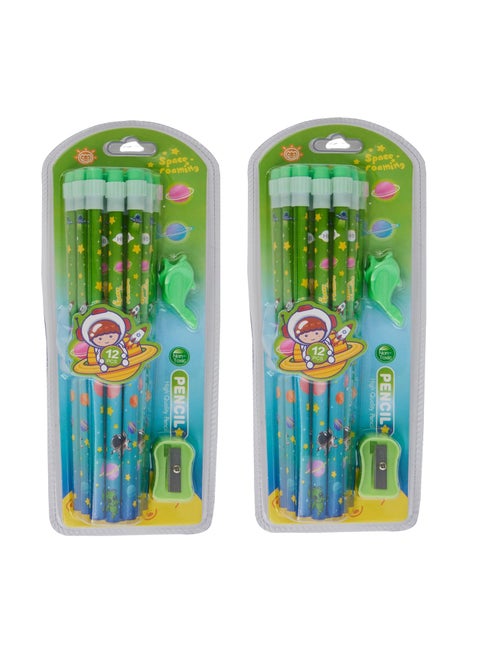 LATESHOP Space Roaming Theme Graphite Pencil Set 12 pencil with Attached Eraser Sharpner and Grips Stationary Kit Pack Of 2