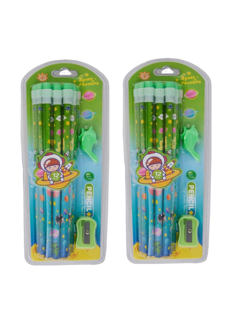 LATESHOP - LATESHOP Space Roaming Theme Graphite Pencil Set 12 pencil with Attached Eraser Sharpner and Grips Stationary Kit Pack Of 2 - Image 1