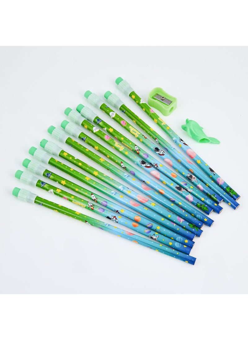 LATESHOP - LATESHOP Space Roaming Theme Graphite Pencil Set 12 pencil with Attached Eraser Sharpner and Grips Stationary Kit Pack Of 2 - Image 1