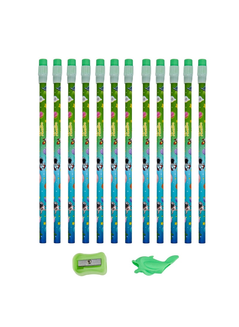 LATESHOP - LATESHOP Space Roaming Theme Graphite Pencil Set 12 pencil with Attached Eraser Sharpner and Grips Stationary Kit Pack Of 2 - Image 1