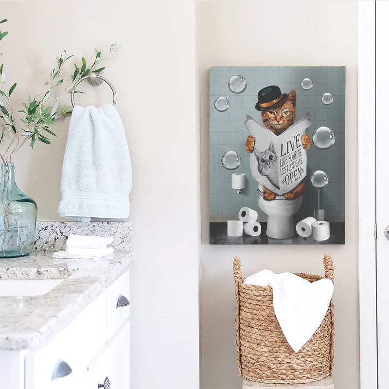 Kateflower Bathroom Decor Canvas Wall Art Cute Cat Sitting in Toilet Reading Newspaper Pictures Farmhouse Bathroom Animals Wall Decor Painting for Bathroom Toilet Artwork Framed 12"x16" - Image 2