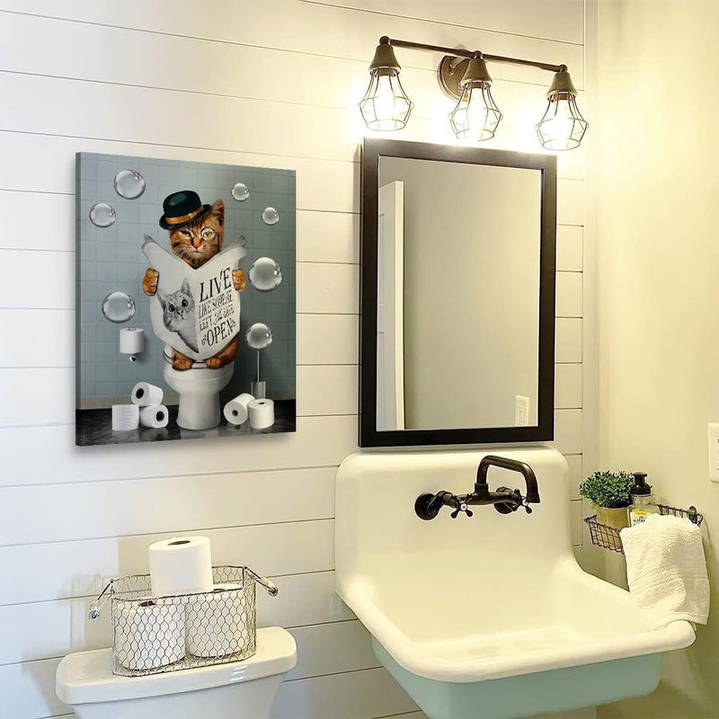 Kateflower Bathroom Decor Canvas Wall Art Cute Cat Sitting in Toilet Reading Newspaper Pictures Farmhouse Bathroom Animals Wall Decor Painting for Bathroom Toilet Artwork Framed 12"x16" - Image 1