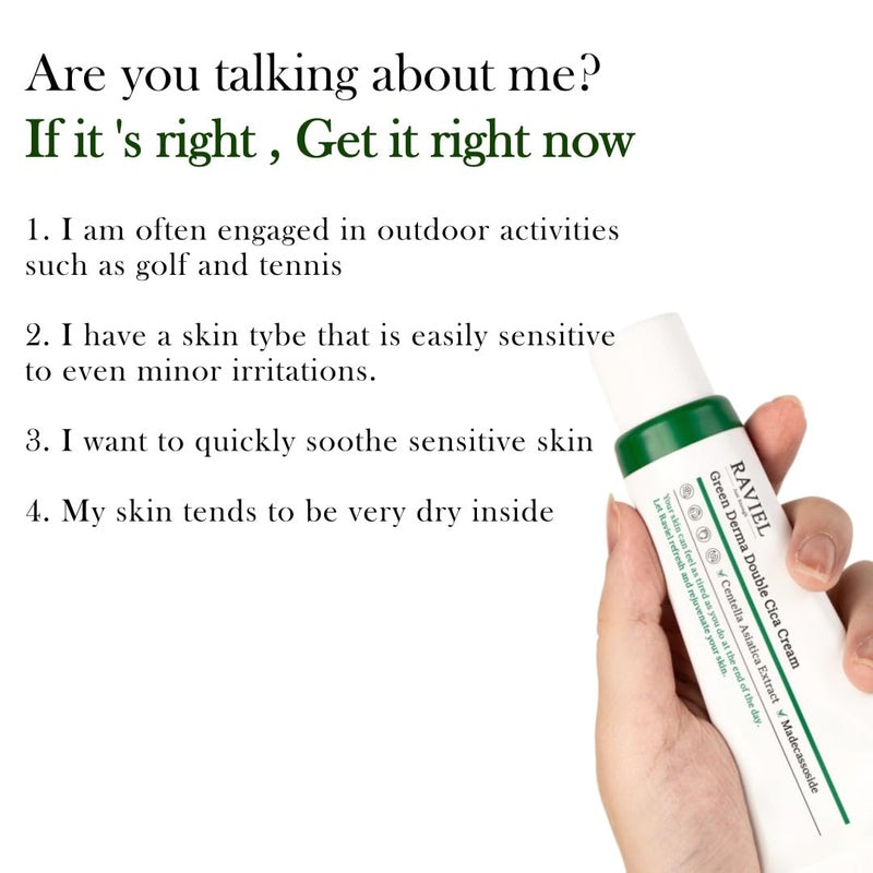 RAVIEL Green Derma Double Cica Cream | Redness relief for face | Calming & Soothing Skin barrier moisturizer for Sensitive Skin | Korean skin care (1.69 fl oz, Pack of 2) - Image 3