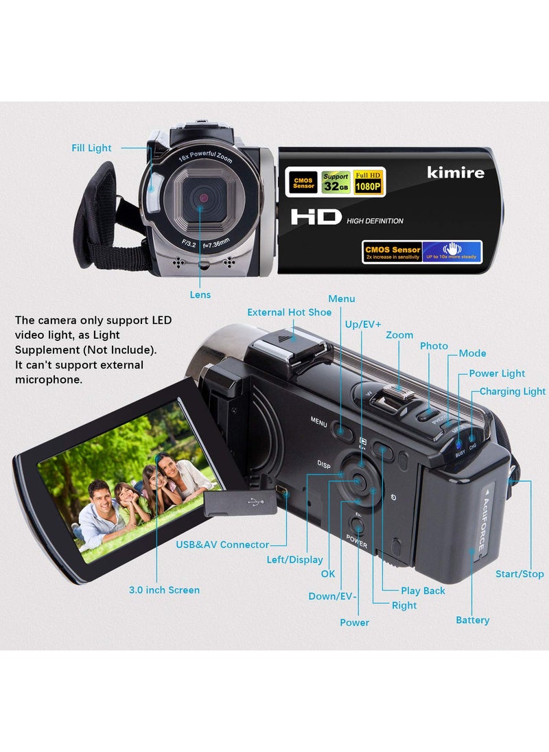 kimire kimire Video Camera Camcorder Digital Camera Recorder Full HD 1080P 15FPS 24MP 3.0 Inch 270 Degree Rotation LCD 16X Digital Zoom Camcorder Camera with 2 Batteries(Black)  - Image 2