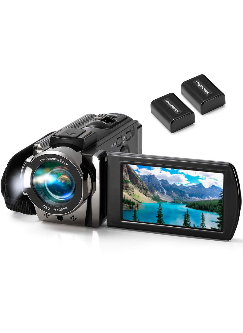 kimire kimire Video Camera Camcorder Digital Camera Recorder Full HD 1080P 15FPS 24MP 3.0 Inch 270 Degree Rotation LCD 16X Digital Zoom Camcorder Camera with 2 Batteries(Black)  - Image 1