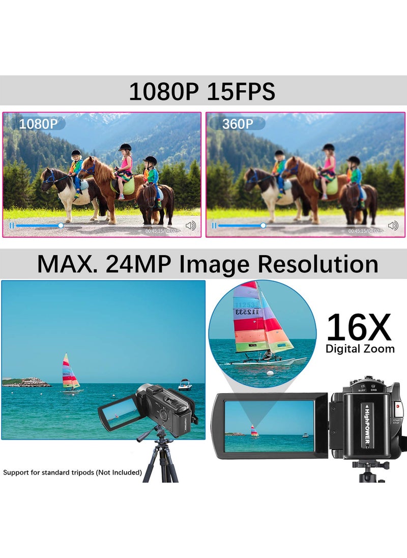 kimire kimire Video Camera Camcorder Digital Camera Recorder Full HD 1080P 15FPS 24MP 3.0 Inch 270 Degree Rotation LCD 16X Digital Zoom Camcorder Camera with 2 Batteries(Black)  - Image 3