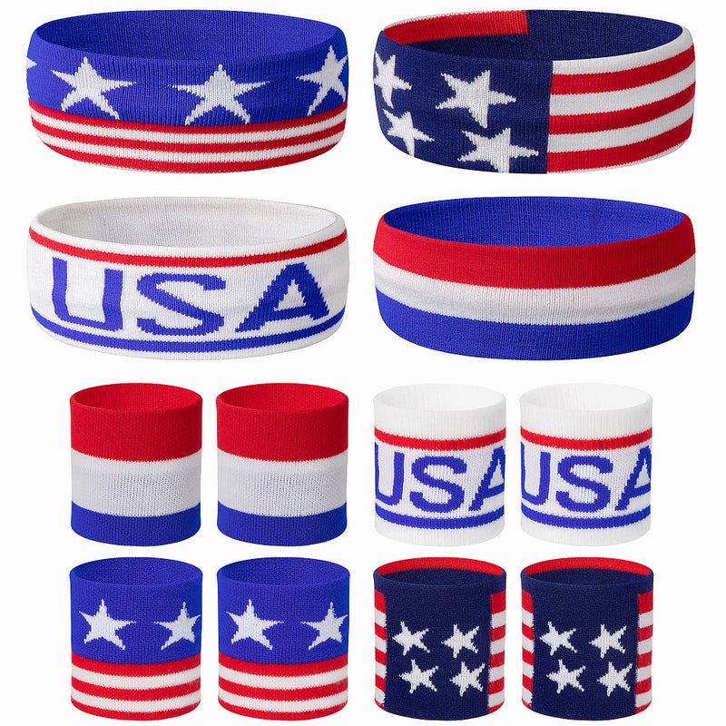 SHANGXING American Flag Sports Headband & Wristband Set - 4 Styles Striped Sweatbands for Basketball, Football, Running, Gym & Exercise - 1 Headband, 2 Wristbands - Image 1