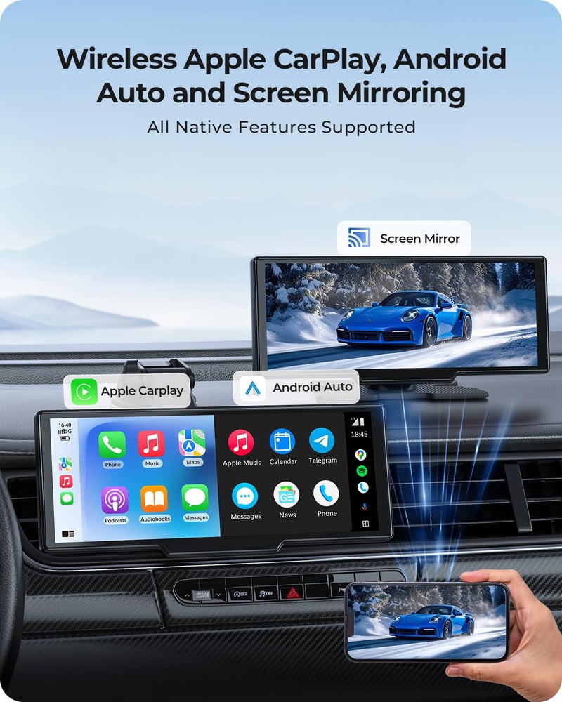 Krunia 9.26" Carplay Screen with 4K Dash Cam & HD Backup Camera, Wireless Portable Car Play Screen for Apple CarPlay & Android Auto, OTA, Bluetooth 5.0, Mirror Link, Voice Control, GPS Navigation, FM - Image 2