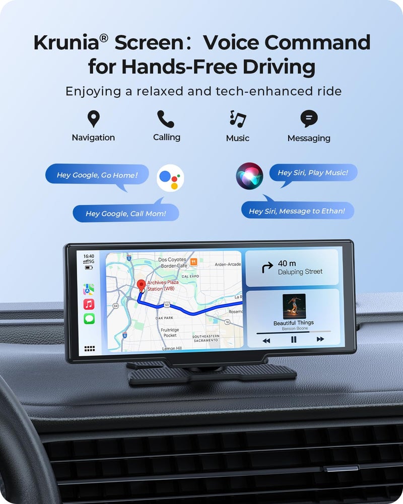 Krunia 9.26" Carplay Screen with 4K Dash Cam & HD Backup Camera, Wireless Portable Car Play Screen for Apple CarPlay & Android Auto, OTA, Bluetooth 5.0, Mirror Link, Voice Control, GPS Navigation, FM - Image 3