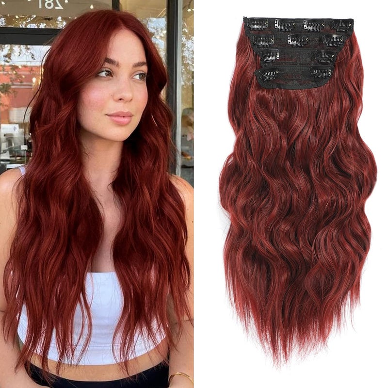 NAYOO Wine Red Hair Clip Extension for Women 4PCS Thick Hairpieces Long Wavy Natural Synthetic Clip in Hair Extensions20 inch Wine Red
