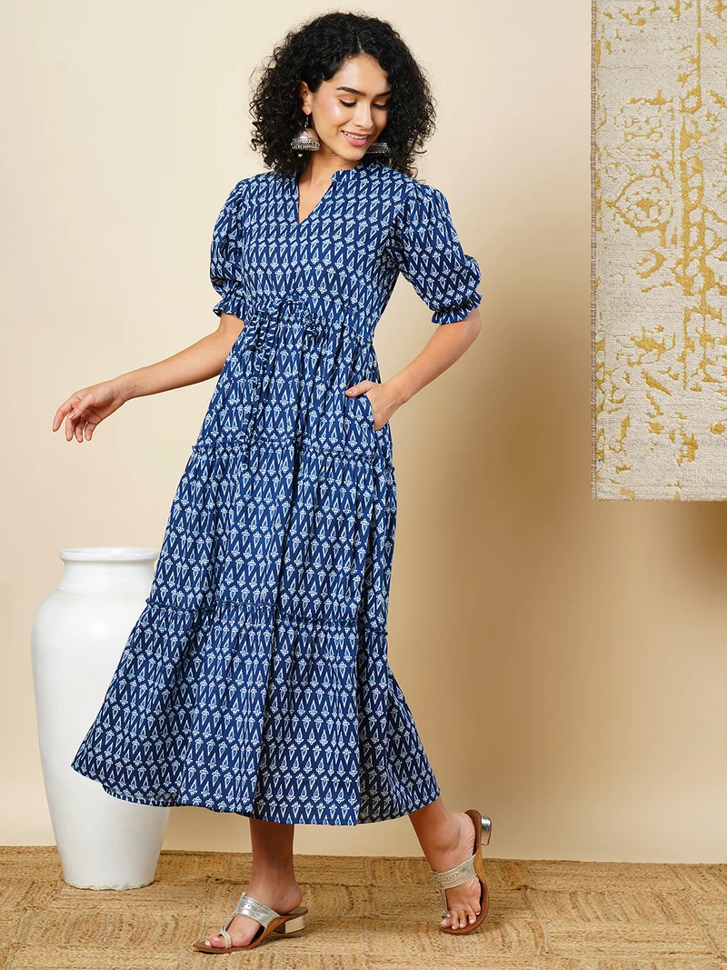 جلو باص Globus Women Mandarin Collar Puff Sleeves Ethnic Motifs Tiered Fit & Flare Fusion Maxi Dress