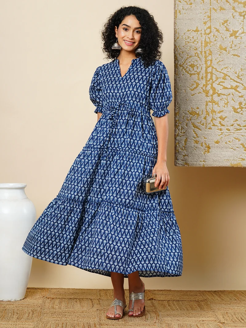 جلو باص Globus Women Mandarin Collar Puff Sleeves Ethnic Motifs Tiered Fit & Flare Fusion Maxi Dress