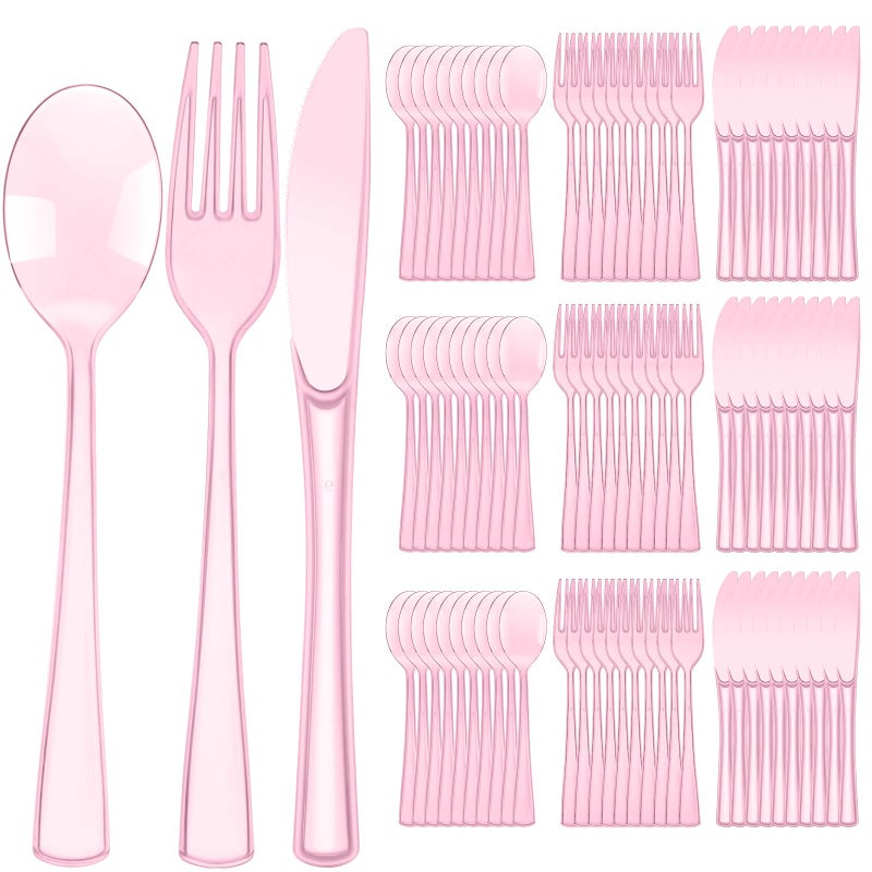 Minatee 150 Pieces Disposable Cutlery Set Plastic Silverware Heavy Duty Utensil Sets 50 Forks 50 Knives 50 Spoons for Home Office School Party Picnics Restaurant Outdoor EventsPink