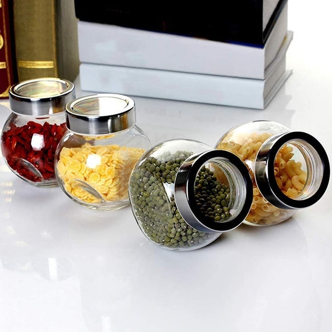 4 PCS SPICE AND HONEY STORAGE JAR SET - SPICE STORAGE GLASS JAR WITH RUST PROOF AIR TIGHT STAINLESS STEEL LID - GLASS JAR FOR GIFT (SET OF 4, 200ML)