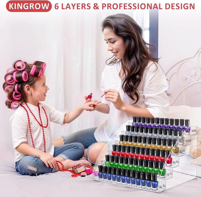 KINGROW Nail Polish Organizer Holder Rack 6 Layers Acrylic Display Rack Eyeglasses Shelf Essential Oils Ink Storage Holds Up to 96 (Fit 1-2oz Bottles) - Image 4