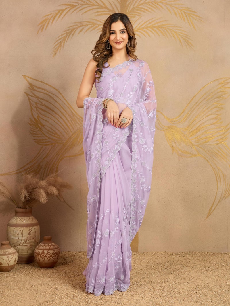 TRENDMALLS Women's Chiffon Embroidery Zarkan Work Saree with Unstitched Blouse Piece (K1240-LightPurple) - Image 3