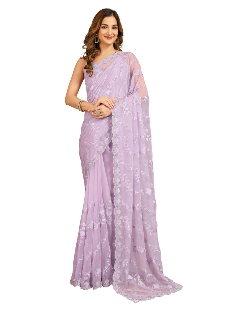 TRENDMALLS Women's Chiffon Embroidery Zarkan Work Saree with Unstitched Blouse Piece (K1240-LightPurple) - Image 1