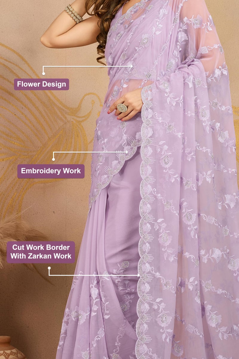 TRENDMALLS Women's Chiffon Embroidery Zarkan Work Saree with Unstitched Blouse Piece (K1240-LightPurple) - Image 5