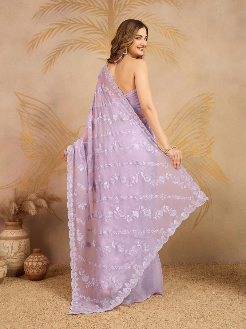 TRENDMALLS Women's Chiffon Embroidery Zarkan Work Saree with Unstitched Blouse Piece (K1240-LightPurple) - Image 2