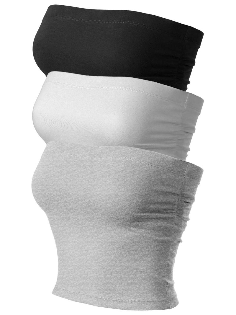 MixMatchy Women's Solid Casual Summer Side Shirring Scrunched Double Layered Tube Top 3PACK - Black/H.Grey/White XL - Image 1