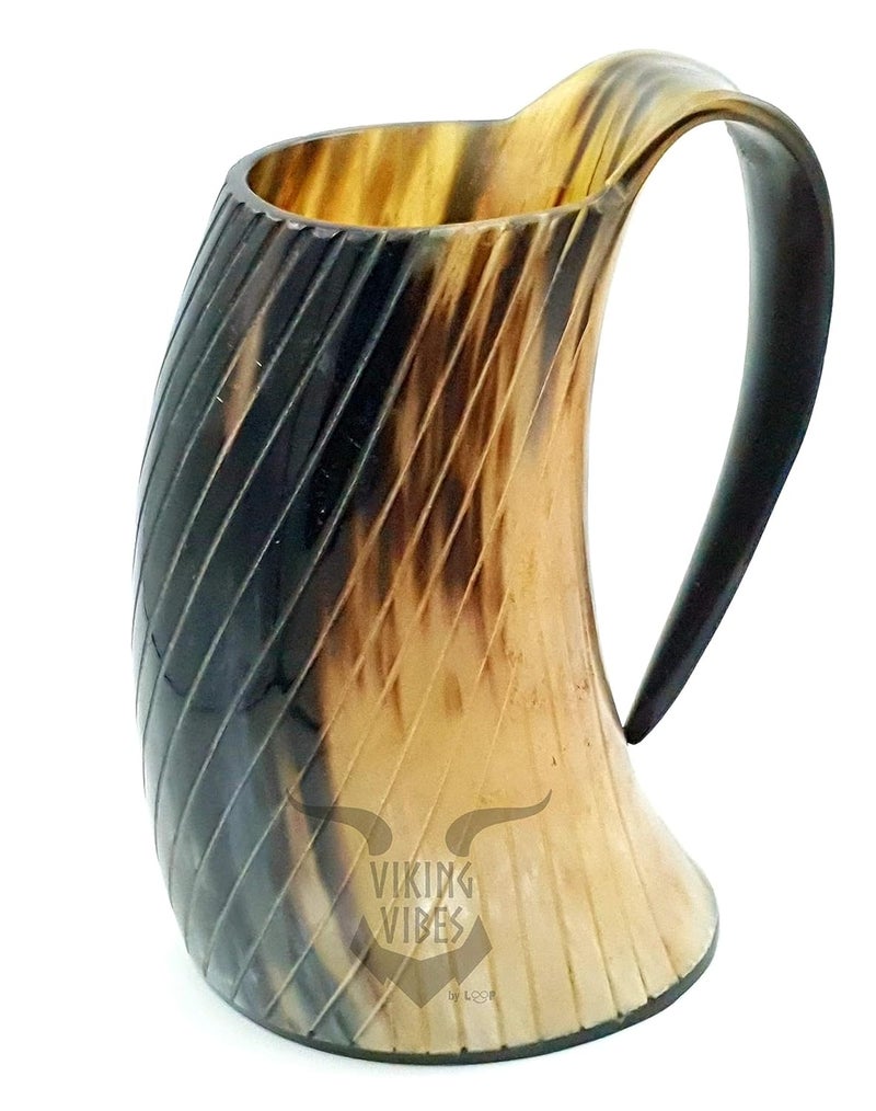 Loop Viking Vibes Drinking Horn Mug Tankard Special Edition Hand Engraved Viking Original Horn Mug Cup for Mead Ale and Beer Original Medieval Mug Pattern 2 750 ML 25 OZ - Image 1