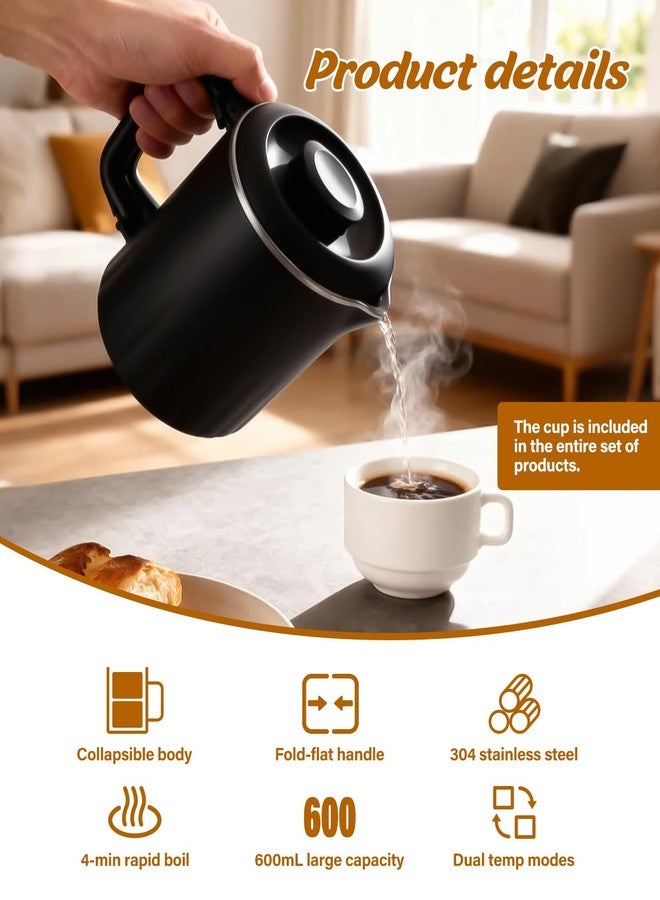 PAHTTO Portable Travel Electric Kettle, 600ML Small Water Kettle with Ceramic Cup, 304 Stainless Steel Water Boiler with Dual Power Control, Compact Design for Camping, RV, Business Trip & Hotel Stays, Black - Image 4