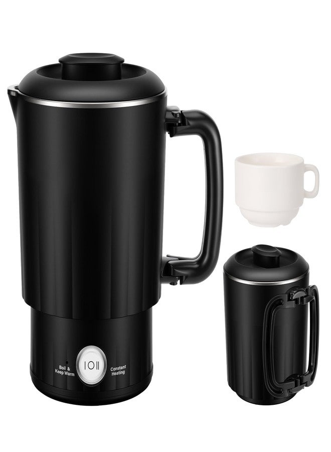 PAHTTO Portable Travel Electric Kettle, 600ML Small Water Kettle with Ceramic Cup, 304 Stainless Steel Water Boiler with Dual Power Control, Compact Design for Camping, RV, Business Trip & Hotel Stays, Black - Image 1