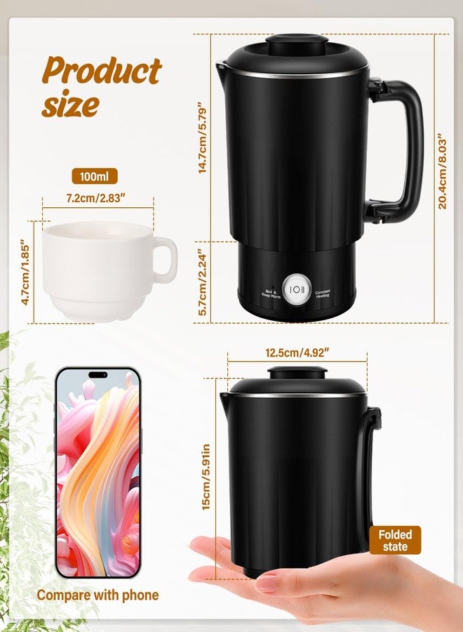 PAHTTO Portable Travel Electric Kettle, 600ML Small Water Kettle with Ceramic Cup, 304 Stainless Steel Water Boiler with Dual Power Control, Compact Design for Camping, RV, Business Trip & Hotel Stays, Black - Image 2