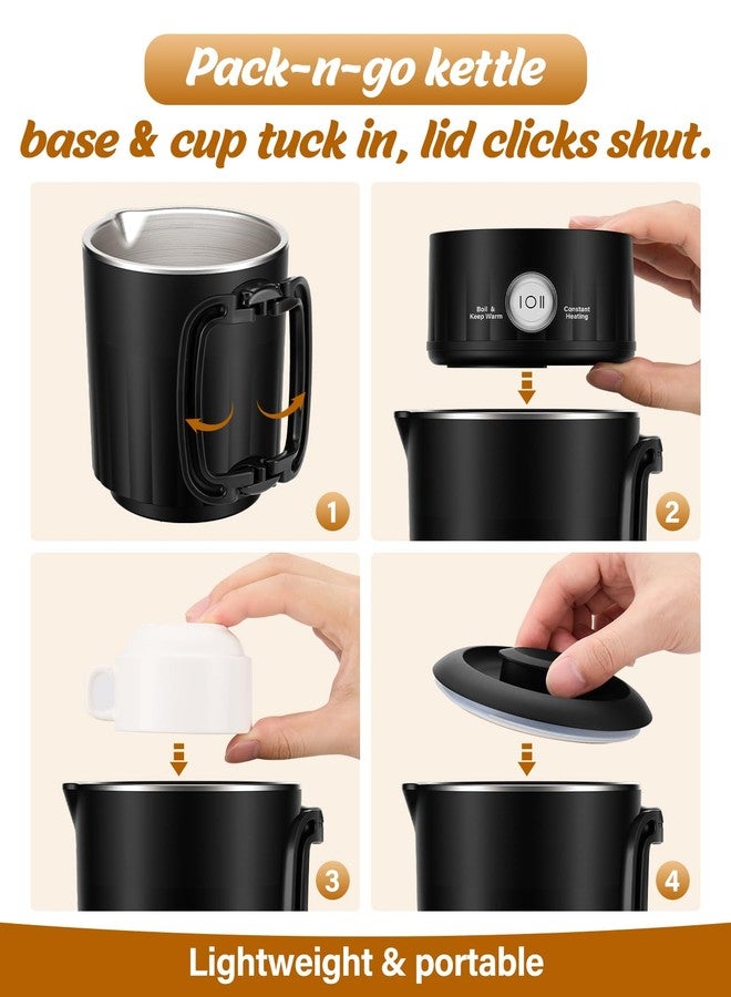 PAHTTO Portable Travel Electric Kettle, 600ML Small Water Kettle with Ceramic Cup, 304 Stainless Steel Water Boiler with Dual Power Control, Compact Design for Camping, RV, Business Trip & Hotel Stays, Black - Image 3