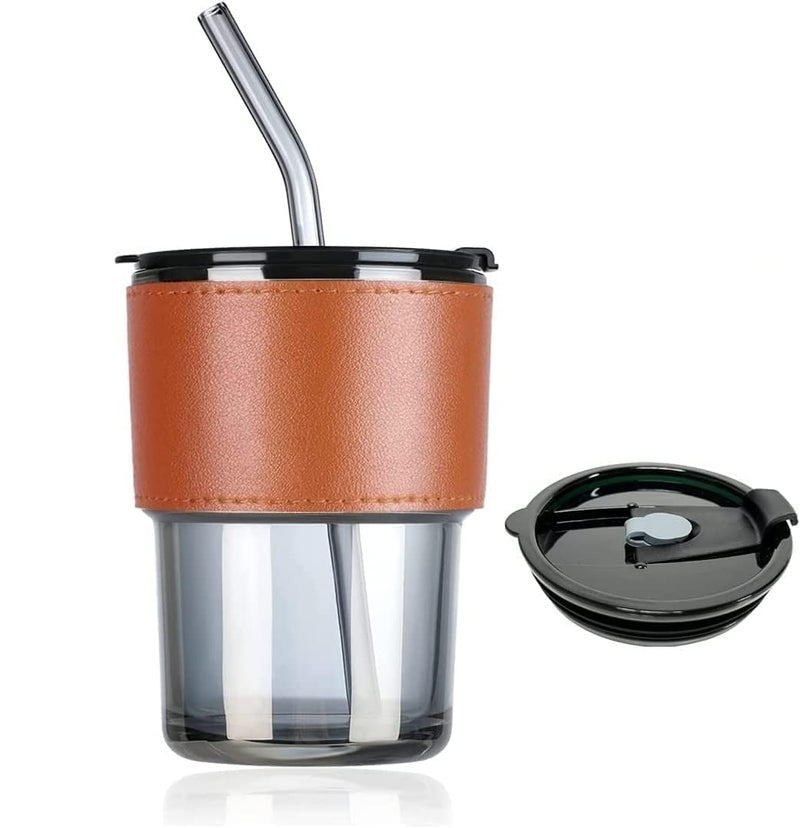 KITSSENTIAL Leather Grip Coffee Cup Sipper Glass with Straw Mug with Straw Coffee Cup with Leather Grip Glass Bottle with Silicone Straw MultiColour 3 - Image 2