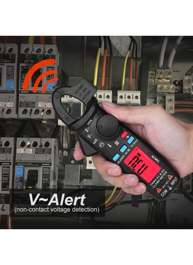 ACM91 Digital Clamp Meter 1mA AC DC Current True RMS Auto-Ranging 6000 Counts Hz Temperature Capacity Live Check V-Alert Low Impedance Voltage Tester