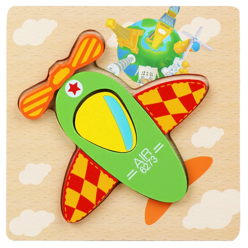 Wooden 3D Three-Dimensional Puzzle Children'S Educational Toys Baby Early Education Cartoon Animal Traffic Puzzle Hand-Held Plate - Image 1