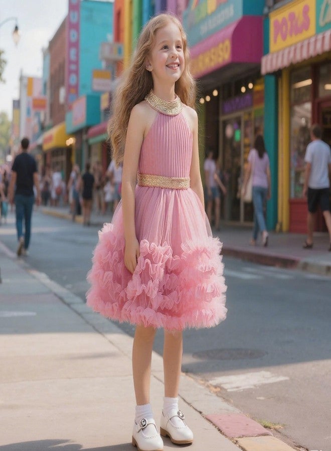 Lamgool Toddler Baby Girls Flower Pageant Dress with Train Halter Pink Princess Tulle Formal Ball Gown for Sneaker Ball Party 2-3T - Image 3