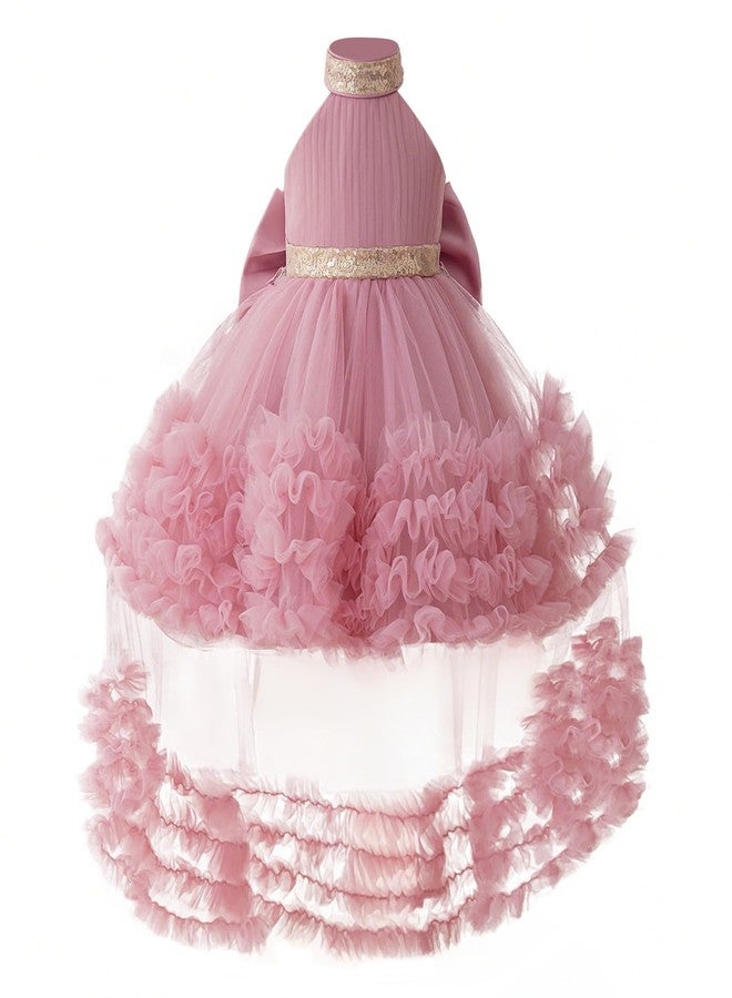Lamgool Toddler Baby Girls Flower Pageant Dress with Train Halter Pink Princess Tulle Formal Ball Gown for Sneaker Ball Party 2-3T - Image 1