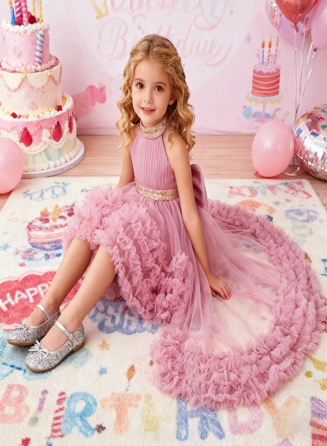 Lamgool Toddler Baby Girls Flower Pageant Dress with Train Halter Pink Princess Tulle Formal Ball Gown for Sneaker Ball Party 2-3T - Image 2