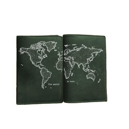 The Messy Corner World Map Couple Passport Cover for Men and Women | Travel Accessories Organizer | Vegan Leather Passport Holder | Unisex Handcrafted Gift | (FOREST GREEN) - Image 1