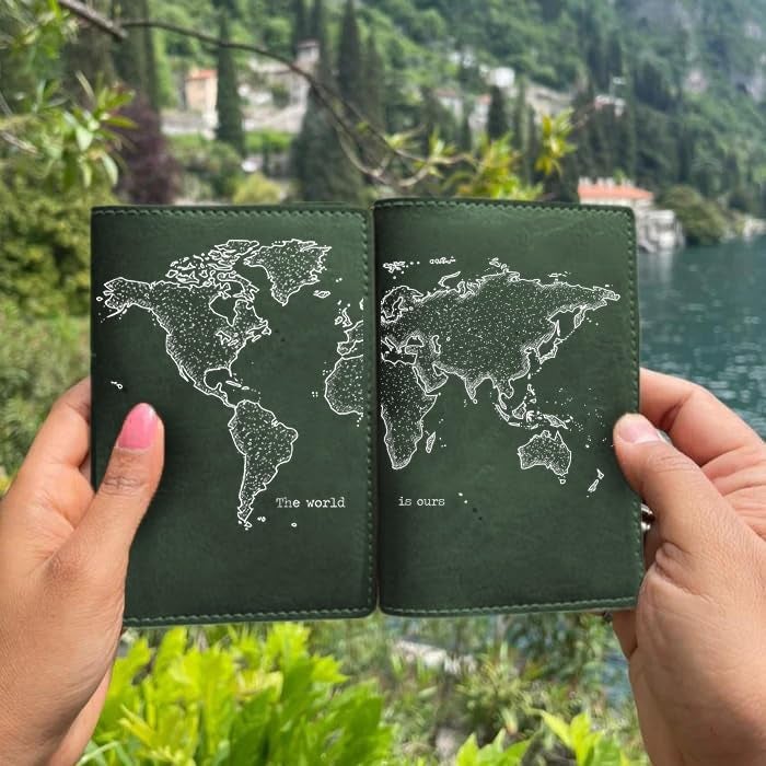 The Messy Corner World Map Couple Passport Cover for Men and Women | Travel Accessories Organizer | Vegan Leather Passport Holder | Unisex Handcrafted Gift | (FOREST GREEN) - Image 2