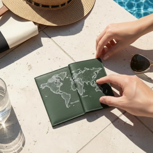 The Messy Corner World Map Couple Passport Cover for Men and Women | Travel Accessories Organizer | Vegan Leather Passport Holder | Unisex Handcrafted Gift | (FOREST GREEN) - Image 4