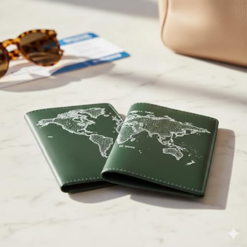 The Messy Corner World Map Couple Passport Cover for Men and Women | Travel Accessories Organizer | Vegan Leather Passport Holder | Unisex Handcrafted Gift | (FOREST GREEN) - Image 3